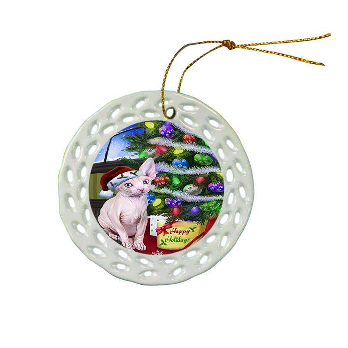 Christmas Happy Holidays Sphynx Cat with Tree and Presents Ceramic Doily Ornament DPOR53472