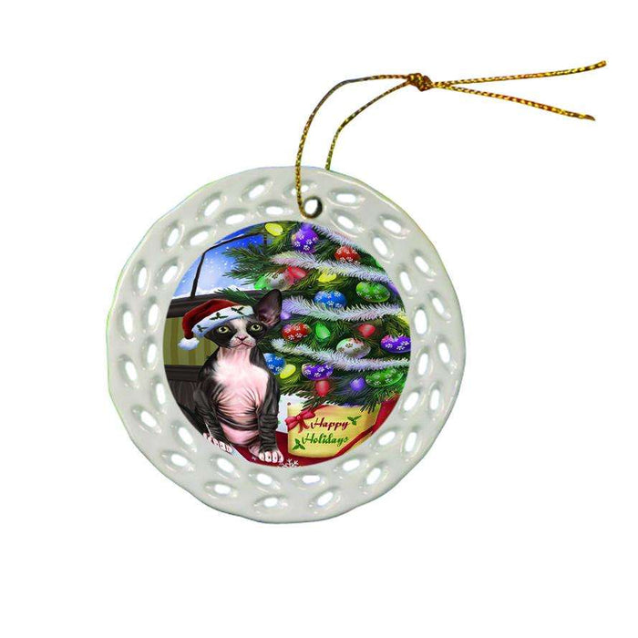 Christmas Happy Holidays Sphynx Cat with Tree and Presents Ceramic Doily Ornament DPOR53473