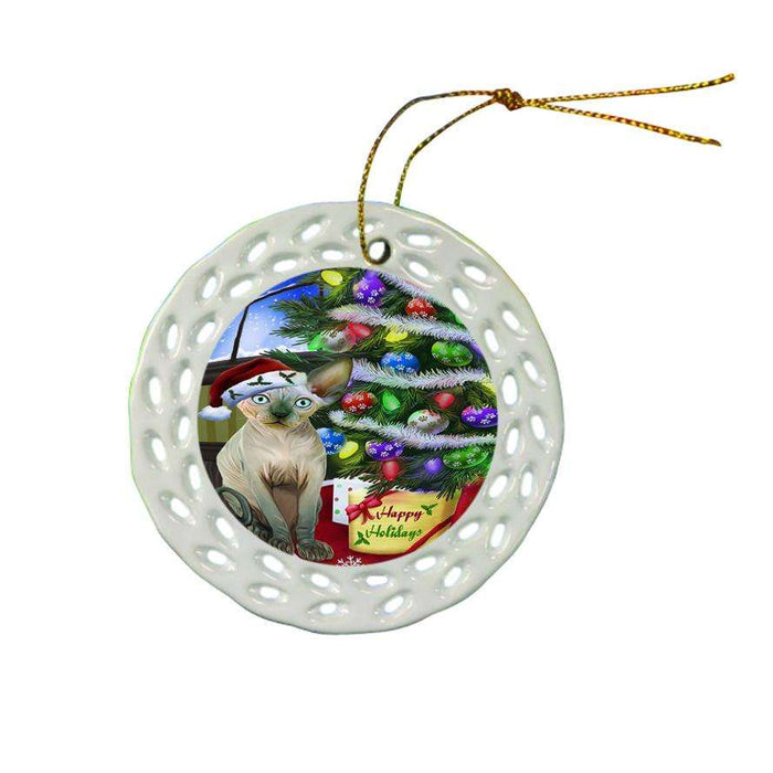 Christmas Happy Holidays Sphynx Cat with Tree and Presents Ceramic Doily Ornament DPOR53474