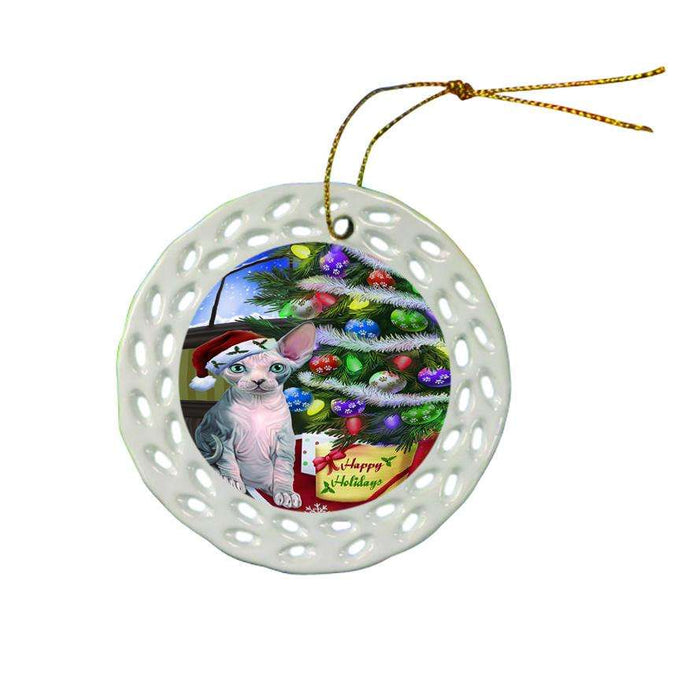 Christmas Happy Holidays Sphynx Cat with Tree and Presents Ceramic Doily Ornament DPOR53475