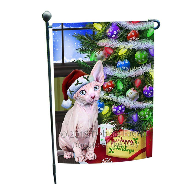Christmas Happy Holidays Sphynx Cat with Tree and Presents Garden Flag GFLG53534