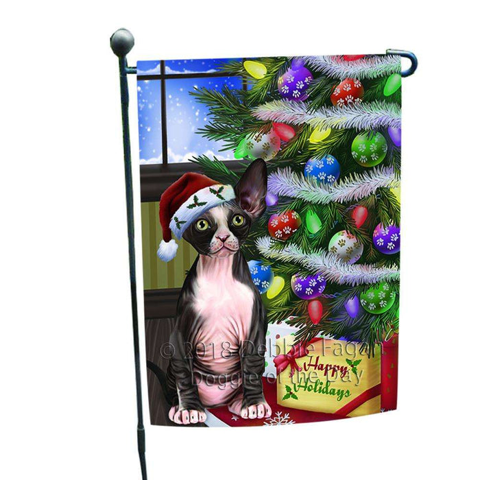 Christmas Happy Holidays Sphynx Cat with Tree and Presents Garden Flag GFLG53535