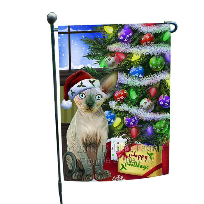 Christmas Happy Holidays Sphynx Cat with Tree and Presents Garden Flag GFLG53536
