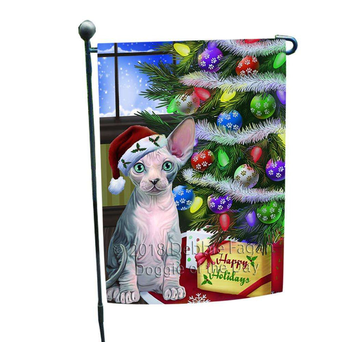 Christmas Happy Holidays Sphynx Cat with Tree and Presents Garden Flag GFLG53537