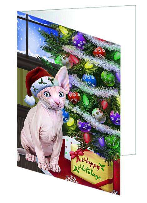 Christmas Happy Holidays Sphynx Cat with Tree and Presents Handmade Artwork Assorted Pets Greeting Cards and Note Cards with Envelopes for All Occasions and Holiday Seasons GCD64445