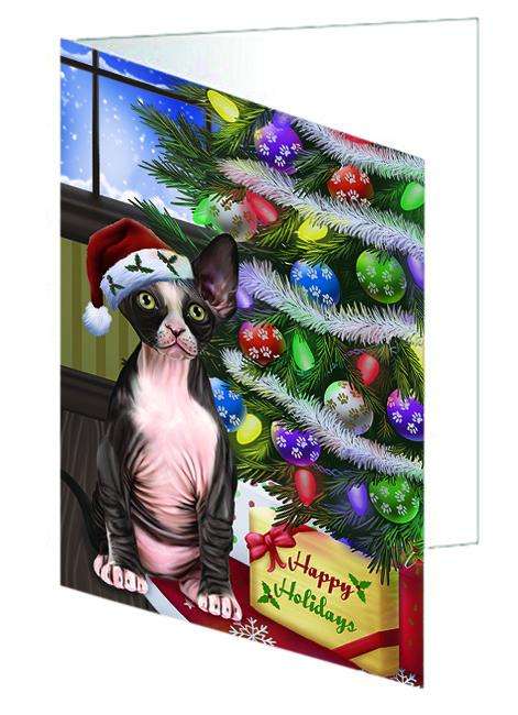 Christmas Happy Holidays Sphynx Cat with Tree and Presents Handmade Artwork Assorted Pets Greeting Cards and Note Cards with Envelopes for All Occasions and Holiday Seasons GCD64448