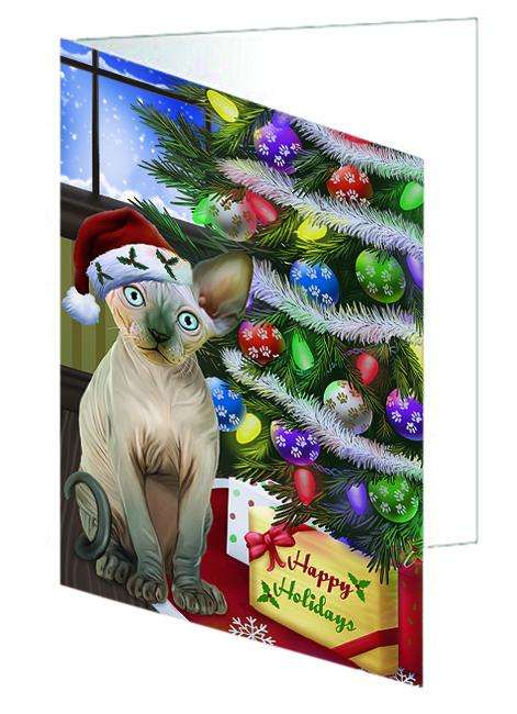 Christmas Happy Holidays Sphynx Cat with Tree and Presents Handmade Artwork Assorted Pets Greeting Cards and Note Cards with Envelopes for All Occasions and Holiday Seasons GCD64451