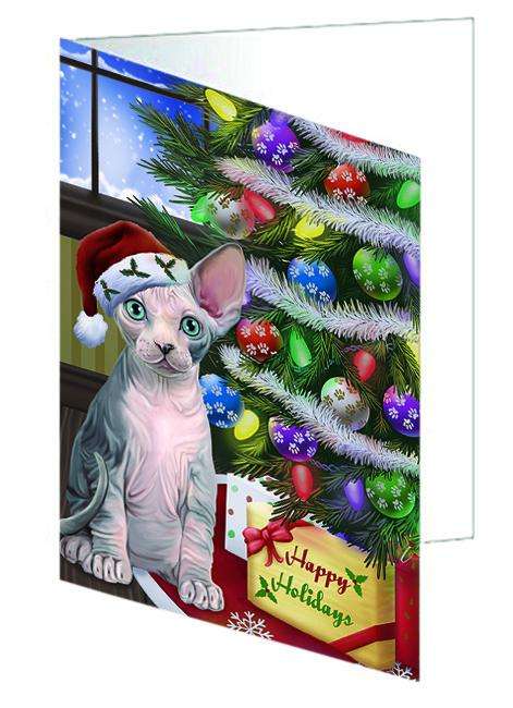 Christmas Happy Holidays Sphynx Cat with Tree and Presents Handmade Artwork Assorted Pets Greeting Cards and Note Cards with Envelopes for All Occasions and Holiday Seasons GCD64454