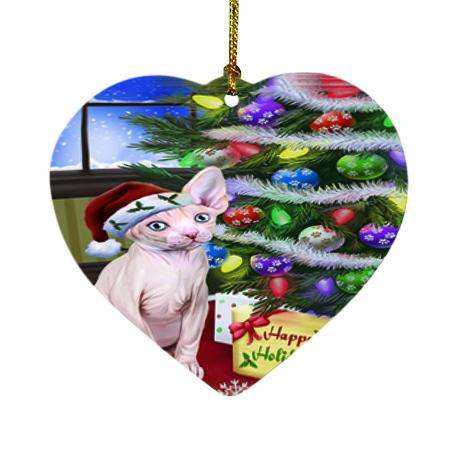 Christmas Happy Holidays Sphynx Cat with Tree and Presents Heart Christmas Ornament HPOR53472