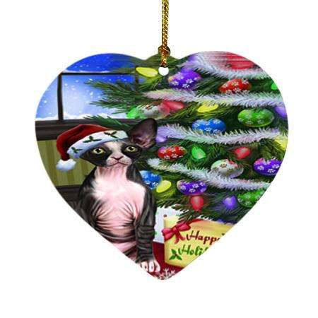 Christmas Happy Holidays Sphynx Cat with Tree and Presents Heart Christmas Ornament HPOR53473