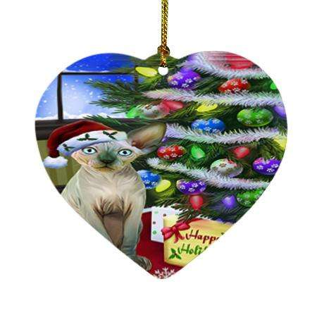 Christmas Happy Holidays Sphynx Cat with Tree and Presents Heart Christmas Ornament HPOR53474
