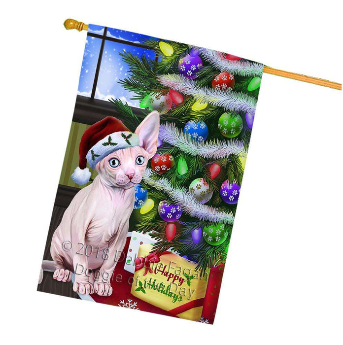 Christmas Happy Holidays Sphynx Cat with Tree and Presents House Flag FLG53670