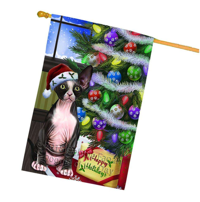 Christmas Happy Holidays Sphynx Cat with Tree and Presents House Flag FLG53671