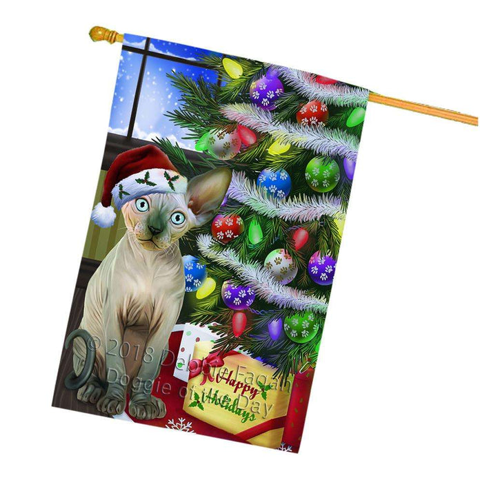 Christmas Happy Holidays Sphynx Cat with Tree and Presents House Flag FLG53672