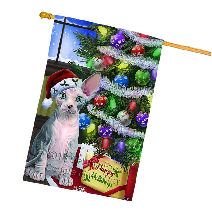 Christmas Happy Holidays Sphynx Cat with Tree and Presents House Flag FLG53673