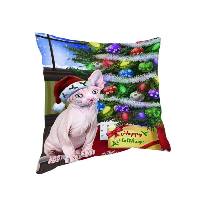 Christmas Happy Holidays Sphynx Cat with Tree and Presents Pillow PIL70512