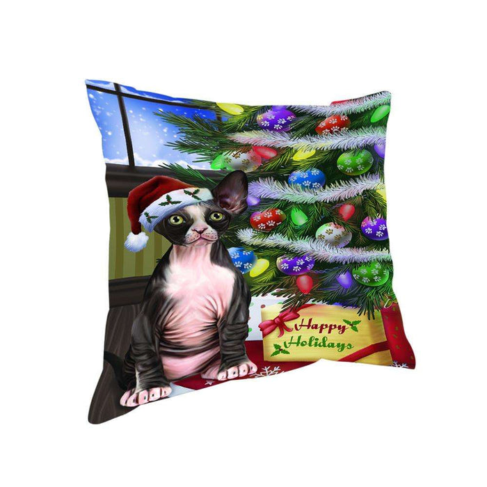 Christmas Happy Holidays Sphynx Cat with Tree and Presents Pillow PIL70516