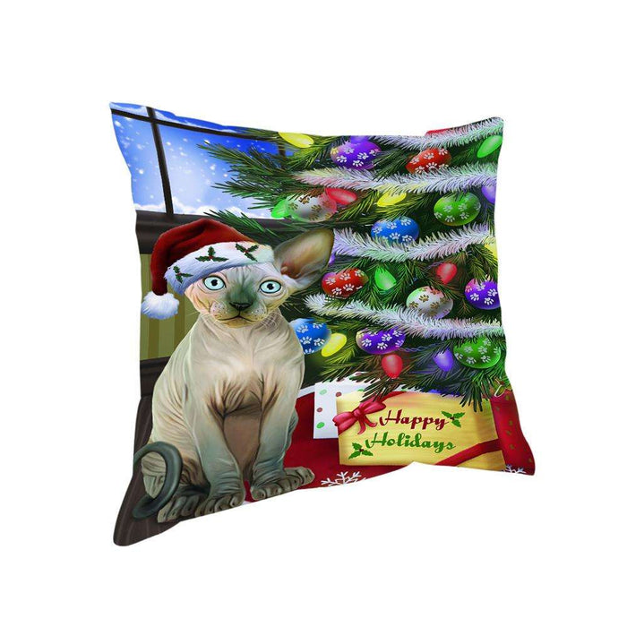 Christmas Happy Holidays Sphynx Cat with Tree and Presents Pillow PIL70520