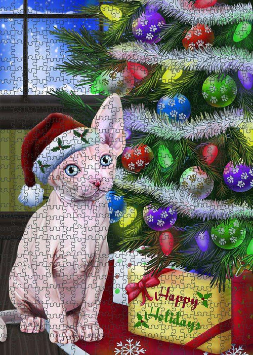 Christmas Happy Holidays Sphynx Cat with Tree and Presents Puzzle with Photo Tin PUZL81044