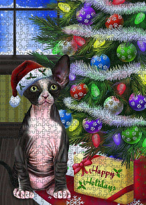 Christmas Happy Holidays Sphynx Cat with Tree and Presents Puzzle with Photo Tin PUZL81048
