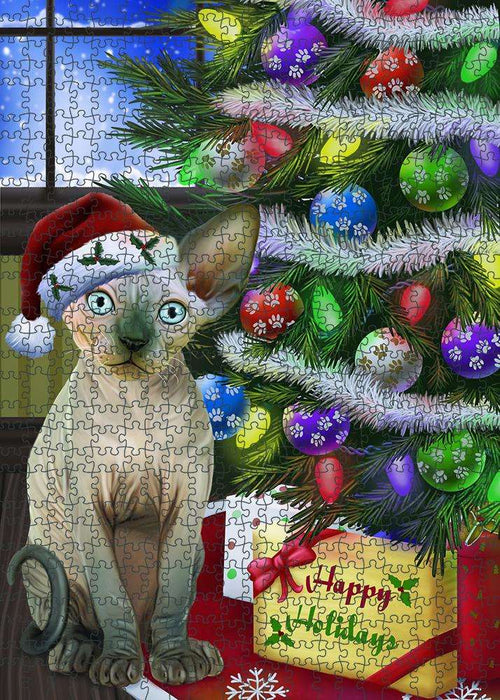 Christmas Happy Holidays Sphynx Cat with Tree and Presents Puzzle with Photo Tin PUZL81052