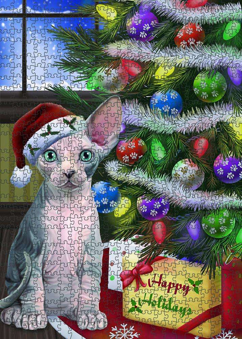 Christmas Happy Holidays Sphynx Cat with Tree and Presents Puzzle with Photo Tin PUZL81056