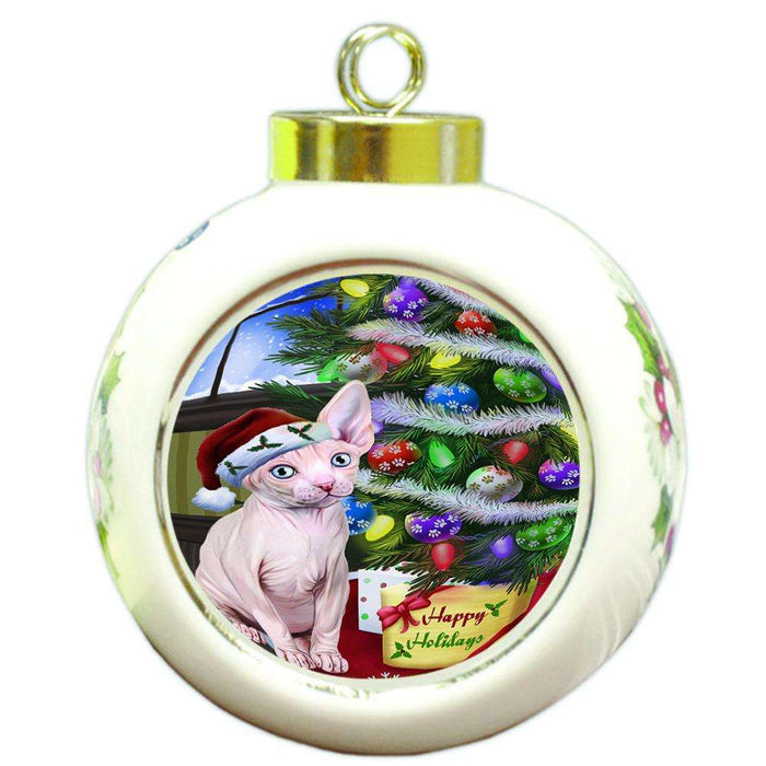 Christmas Happy Holidays Sphynx Cat with Tree and Presents Round Ball Christmas Ornament RBPOR53472