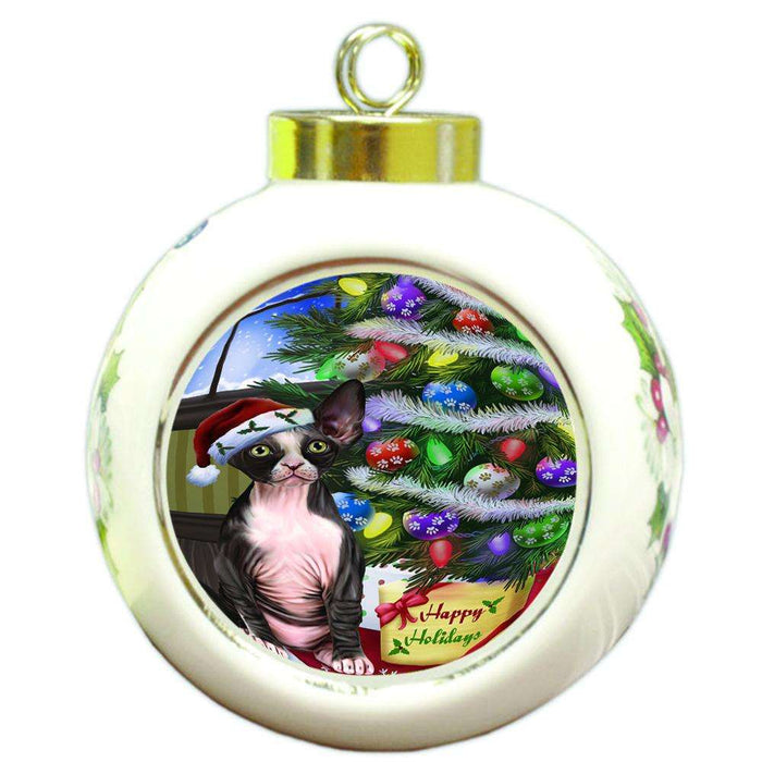 Christmas Happy Holidays Sphynx Cat with Tree and Presents Round Ball Christmas Ornament RBPOR53473