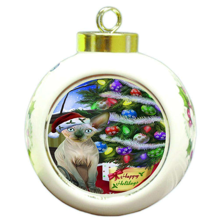 Christmas Happy Holidays Sphynx Cat with Tree and Presents Round Ball Christmas Ornament RBPOR53474
