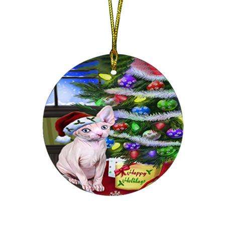 Christmas Happy Holidays Sphynx Cat with Tree and Presents Round Flat Christmas Ornament RFPOR53463