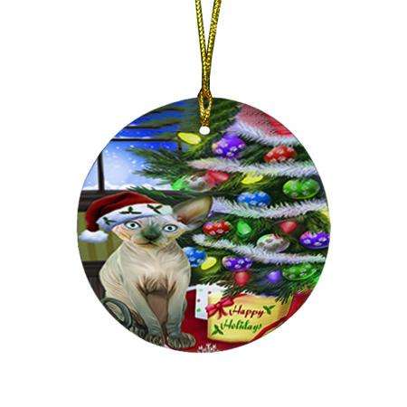 Christmas Happy Holidays Sphynx Cat with Tree and Presents Round Flat Christmas Ornament RFPOR53465