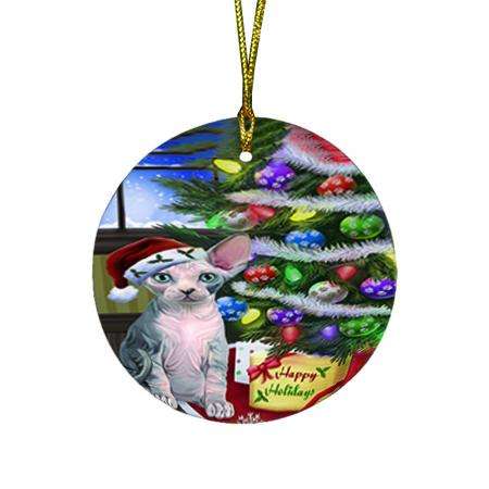 Christmas Happy Holidays Sphynx Cat with Tree and Presents Round Flat Christmas Ornament RFPOR53466