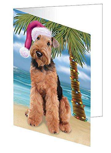 Christmas Happy Holidays Summer Time Airedale Dog on Beach Handmade Artwork Assorted Pets Greeting Cards and Note Cards with Envelopes for All Occasions and Holiday Seasons GCD1910