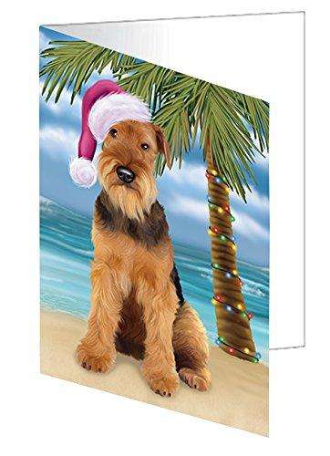 Christmas Happy Holidays Summer Time Airedale Dog on Beach Handmade Artwork Assorted Pets Greeting Cards and Note Cards with Envelopes for All Occasions and Holiday Seasons GCD1915