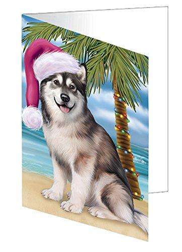 Christmas Happy Holidays Summer Time Alaskan Malamute Adult Dog on Beach Handmade Artwork Assorted Pets Greeting Cards and Note Cards with Envelopes for All Occasions and Holiday Seasons GCD1840
