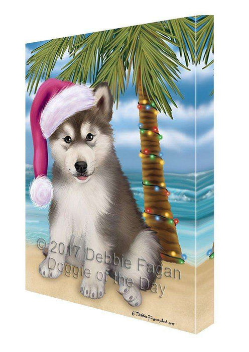 Christmas Happy Holidays Summer Time Alaskan Malamute Beach Puppy Print on Canvas Wall Art CVS1323