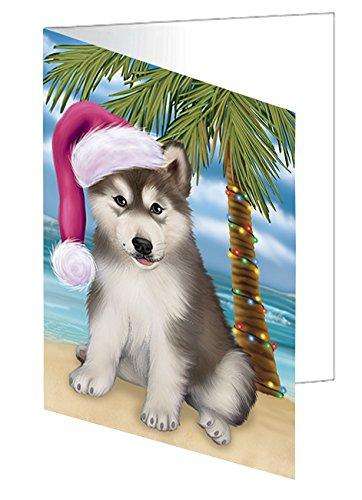 Christmas Happy Holidays Summer Time Alaskan Malamute Puppy on Beach Handmade Artwork Assorted Pets Greeting Cards and Note Cards with Envelopes for All Occasions and Holiday Seasons GCD1845