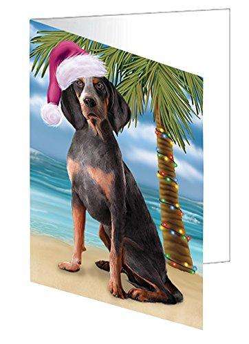 Christmas Happy Holidays Summer Time American English Coonhound Dog on Beach Handmade Artwork Assorted Pets Greeting Cards and Note Cards with Envelopes for All Occasions and Holiday Seasons GCD1925