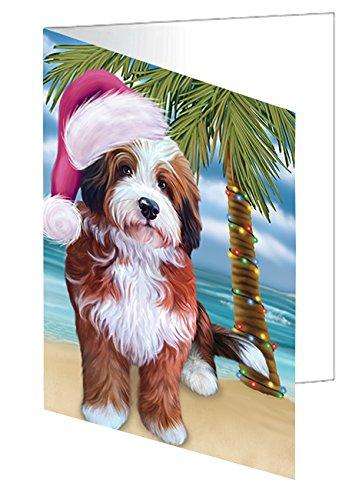 Christmas Happy Holidays Summer Time Bernedoodle Dog on Beach Handmade Artwork Assorted Pets Greeting Cards and Note Cards with Envelopes for All Occasions and Holiday Seasons GCD1940