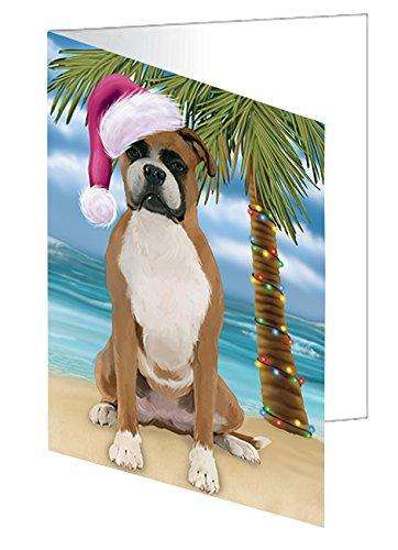 Christmas Happy Holidays Summer Time Boxer Dog on Beach Handmade Artwork Assorted Pets Greeting Cards and Note Cards with Envelopes for All Occasions and Holiday Seasons GCD1960