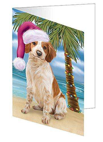 Christmas Happy Holidays Summer Time Brittany Spaniel Dog on Beach Handmade Artwork Assorted Pets Greeting Cards and Note Cards with Envelopes for All Occasions and Holiday Seasons GCD1880