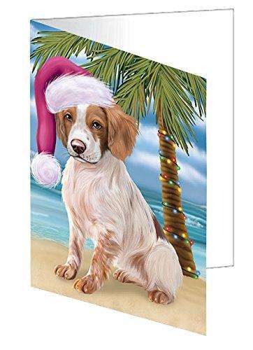 Christmas Happy Holidays Summer Time Brittany Spaniel Dog on Beach Handmade Artwork Assorted Pets Greeting Cards and Note Cards with Envelopes for All Occasions and Holiday Seasons GCD1885