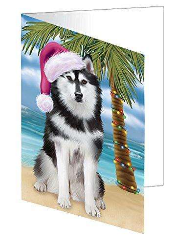 Christmas Happy Holidays Summer Time Husky Dog on Beach Handmade Artwork Assorted Pets Greeting Cards and Note Cards with Envelopes for All Occasions and Holiday Seasons GCD2035