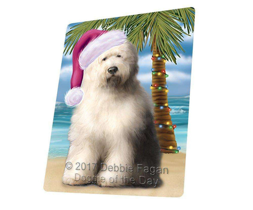 Christmas Happy Holidays Summer Time Old English Sheepdog on Beach Wearing Santa Hat Cutting Board CUTB561