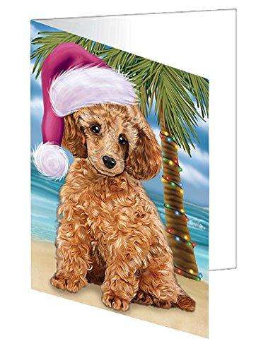 Christmas Happy Holidays Summer Time Poodle Dog on Beach Handmade Artwork Assorted Pets Greeting Cards and Note Cards with Envelopes for All Occasions and Holiday Seasons GCD2110