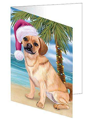 Christmas Happy Holidays Summer Time Puggle Dog on Beach Handmade Artwork Assorted Pets Greeting Cards and Note Cards with Envelopes for All Occasions and Holiday Seasons GCD2135