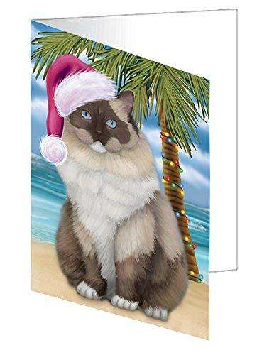 Christmas Happy Holidays Summer Time Ragdoll Cat on Beach Handmade Artwork Assorted Pets Greeting Cards and Note Cards with Envelopes for All Occasions and Holiday Seasons GCD2140