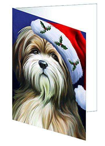 Christmas Happy Holidays Tibetan Terrier Dog Wearing Santa Hat Portrait Head Handmade Artwork Assorted Pets Greeting Cards and Note Cards with Envelopes for All Occasions and Holiday Seasons GCD1690