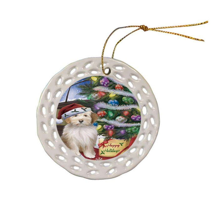 Christmas Happy Holidays Tibetan Terrier Dog with Tree and Presents Ceramic Doily Ornament DPOR53865