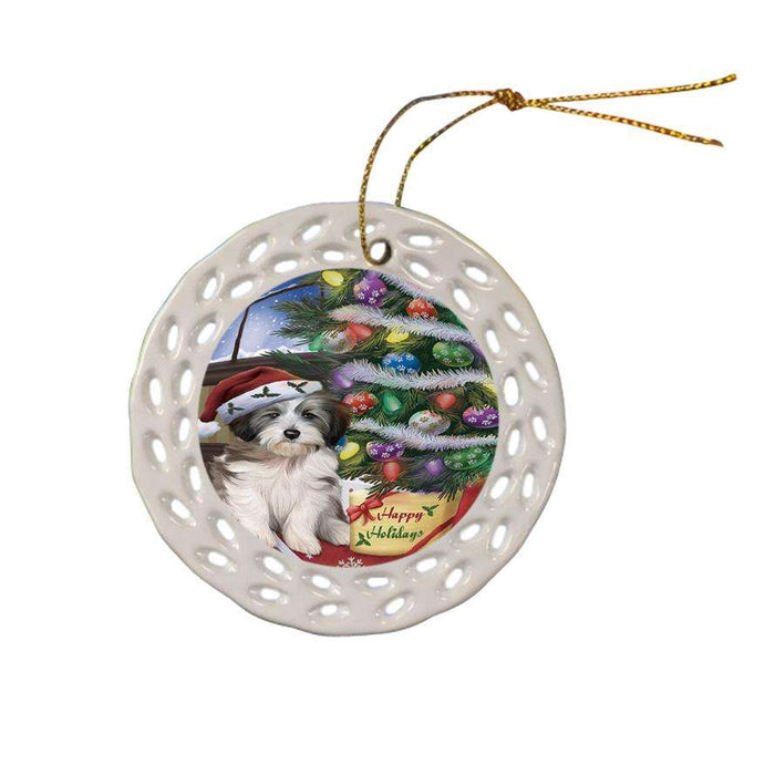 Christmas Happy Holidays Tibetan Terrier Dog with Tree and Presents Ceramic Doily Ornament DPOR53866